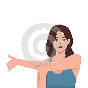 Young brunette woman stretching posture for aches treatment at shoulder