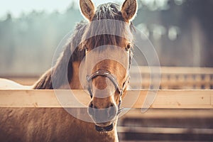 Young buckskin draft horse in halter on paddock in daytime