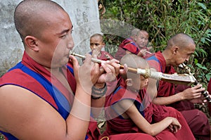 Young Buddhist Monks Playing Horns