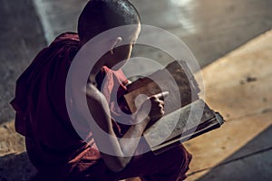 Young Buddhist novice monk reading and study