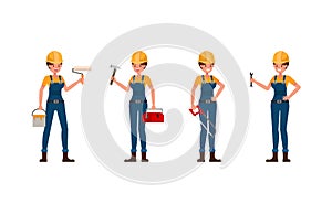 Young builder woman in blue uniform vector character design