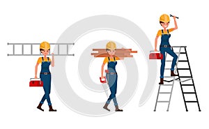 Young builder woman in blue uniform vector character design. no6