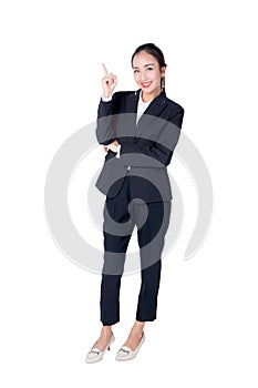 Young Buisness woman with finger point up on white background