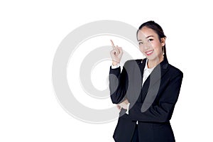 Young Buisness woman with finger point up on white background photo