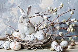 Young Bunny Nestled Among Easter Eggs and Spring Blossoms Indoors