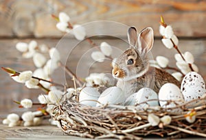 Young Bunny Nestled Among Easter Eggs and Spring Blossoms Indoors