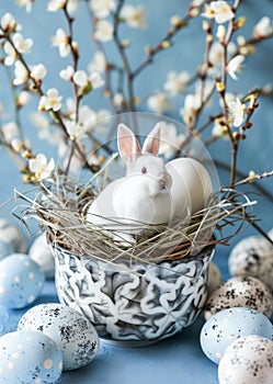 Young Bunny Nestled Among Easter Eggs and Spring Blossoms Indoors