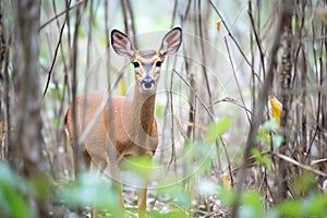 young bushbuck standing alert in the underbrush