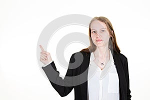 Young business blonde woman isolated against white background smiling cheerfully pointing finger away blanc space