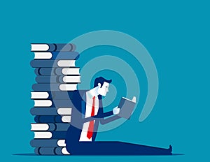 Young business with huge stack of books. Business reading and learning concept. Cartoon vector style