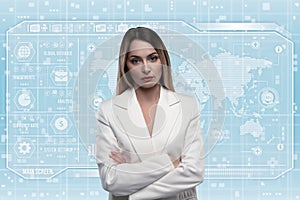 Young business lady in futuristic office with HUD. Global corporate concept