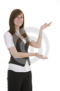 Young business lady indicating