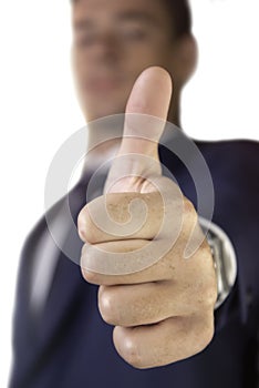 Young  business man  in costume showing thumb up sign gesture on white background