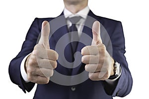 Young  business man  in costume showing thumbs up sign gesture on white background