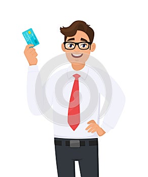 Young business man in formal wear with red colour tie holding or showing a credit Debit, ATM card. Male character design.