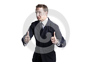 Young business man going thumb up