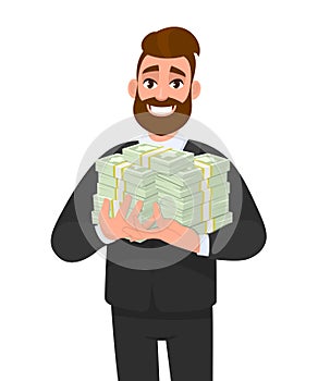 Young business man holding bundle of cash or dollar. Person carrying  pile of money, currency notes. Male character design.