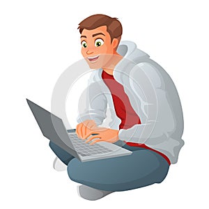 Young business man with laptop sitting on floor. Cartoon vector illustration on white background.