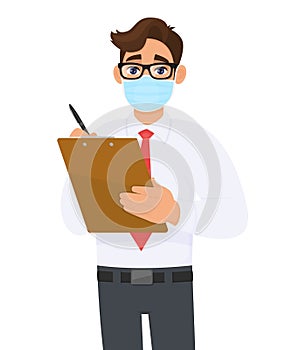 Young business man in medical mask writing on clipboard. Person holding notepad or document. Male character with eyeglasses.