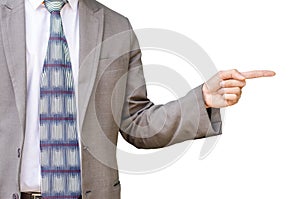 Young business man pointing to his side