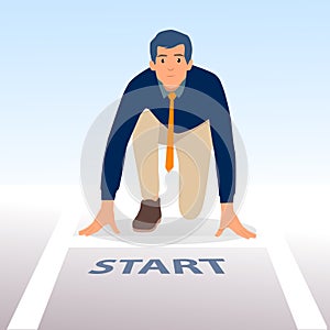 Young business man in the position of get set ready to start. Flat vector