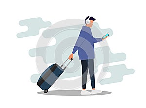 Young business man pulling the luggage busy with mobile phone. Bleisure concept. Work life balance. Digital nomad. Vector flat