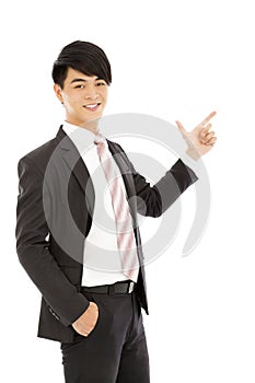 Young business man show something by gun posture