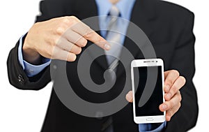 Young business man showing with black display of mobile phone