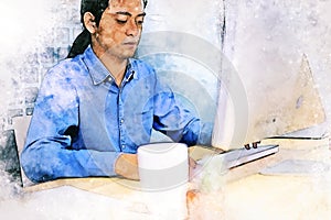 Young business man smile portrait and thinking at desk on watercolor illustration painting background.