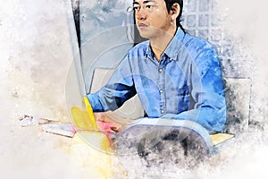 Young business man smile portrait on watercolor illustration painting background.