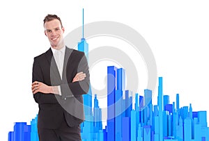Young business man standing with 3d rendered office background