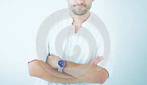 Young business man standing isolated on white background