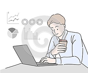 Young business man uses a laptop at work and comes up with new ideas. Freelancer working at home concept.