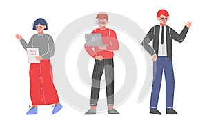 Young Business Man and Woman with Laptop and Tablet Vector Set