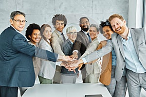 young business people meeting office portrait diversity teamwork group connection success holding hands unity senior