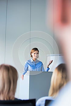 Young business speaker gesturing while standing in conference room