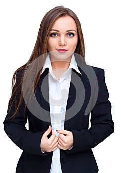 Young business woman in black business suit, isolated over white