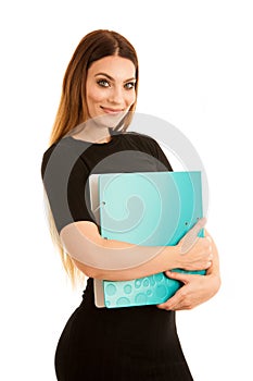 Young business woman in black dress holds a folder isolated over