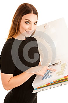 Young business woman in black dress holds a folder isolated over
