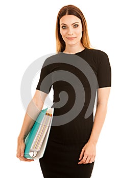 Young business woman in black dress holds a folder isolated over