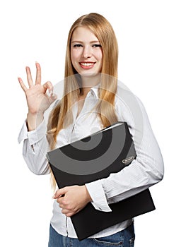 Young business woman with black folder on white background