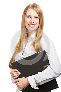 Young business woman with black folder on white background