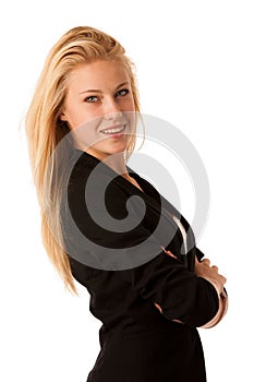 Young business woman with blonde hair and blue eyes gesturing success showing thumb up isolated over white