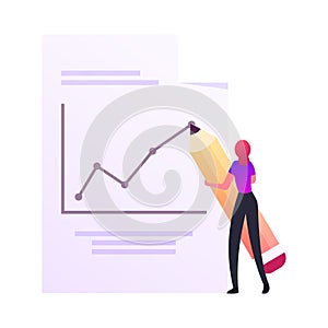 Young Business Woman Character Drawing Growing Graph. Businesswoman Work on Growth Data Analysis Arrow Chart