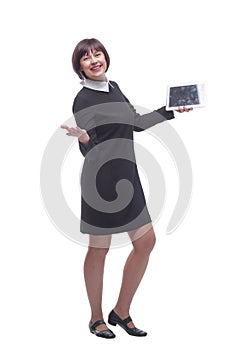 young business woman with a digital tablet looking at a white screen .