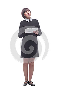 young business woman with a digital tablet looking at a white screen .