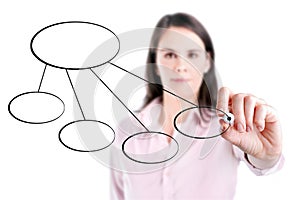 Young business woman drawing a flowchart 2, white background.