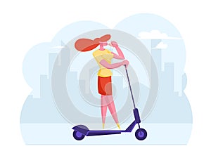 Young Business Woman Driving Scooter Drinking Coffee in City, Hurry at Work. Outdoors Activity, Dweller Lifestyle