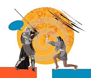 Young business woman fight with medieval warrior in armored clothes on colored abstract background with pencil sketches