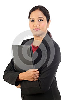 Young business woman with folder against white background
